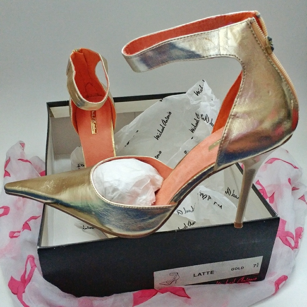 Metallic Gold Stiletto Heels with Ankle Strap